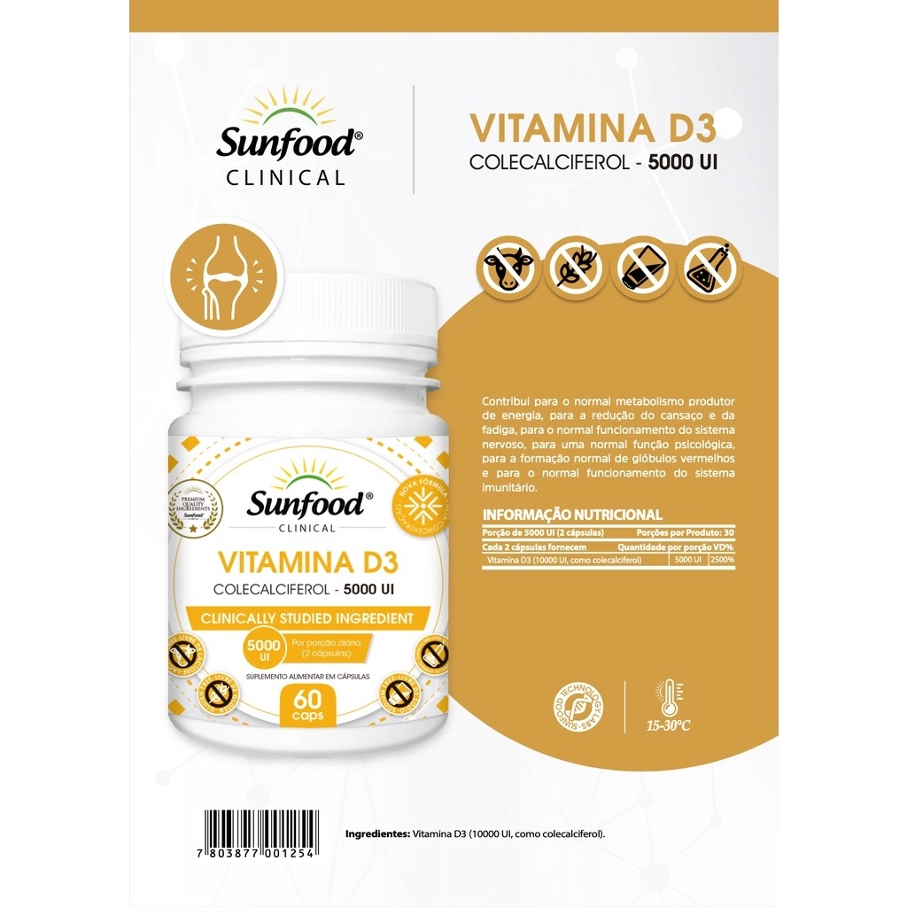 Vitamina D3, 5000UI, 60 cápsulas, Sunfood