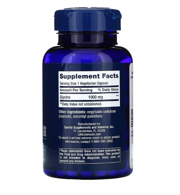 Glicina 1000mg, 100 Cápsulas, Life Extension