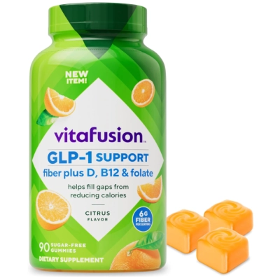 GLP-1 Support Fibras Plus, com vitaminas D, B12 e Ácido Fólico, 90 Gomas Sabor Cítrico sem açúcar, Vitafusion