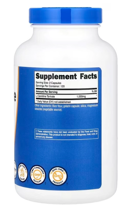 L-Carnitina Tartarato 1000mg, 240 Cápsulas, Nutricost