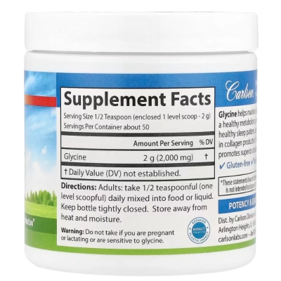 Glicina  2000mg, Aminoácido de Forma Livre, 100g em Pó, Carlson