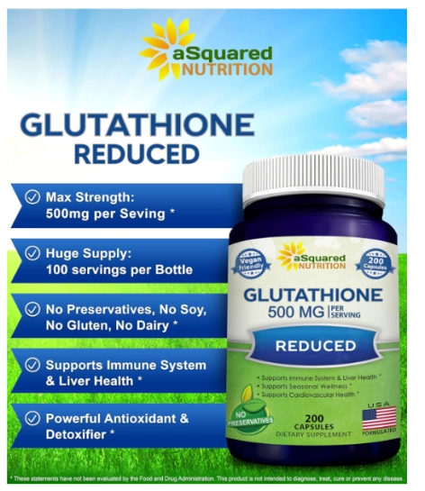 Glutationa 500mg, Apoiar a Saúde do Fígado e Desintoxicação, 200 Cápsulas, aSquared Nutrition