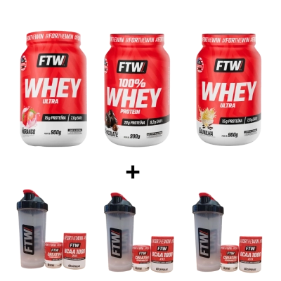 Kit Whey Ultra, Sabores + BCAA 60 Cápsulas + Creatina 60g + Coqueteleira, FTW