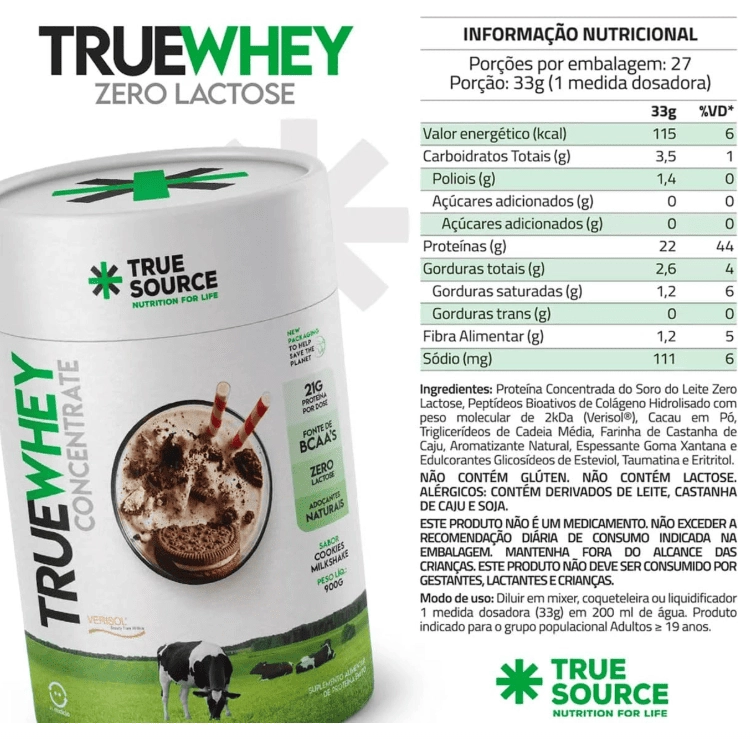 True Whey Zero Lactose, 900g Sabor Cookies Milkshake, True Source