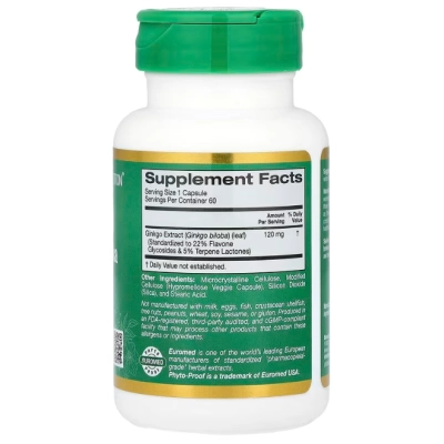 Extrato de Ginkgo Biloba 120mg, EuroHerbs, 60 Cápsulas, California Gold Nutrition