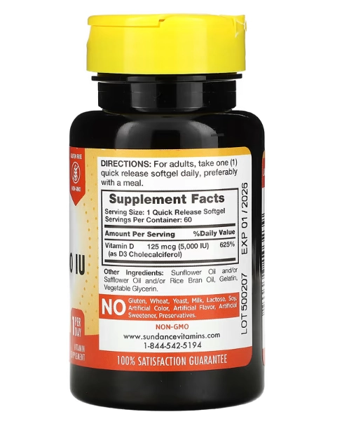 Vitamina D3 Alta Potência, 125mcg, 5000UI, 60 Cápsulas, Sundance