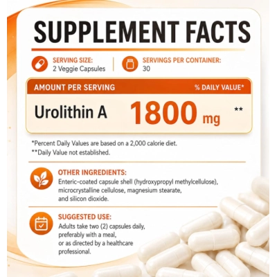 Urolitina A  1800mg, Envelhecimento Saudável e Renovação Celular,  60 Cápsulas, Faaioeuy