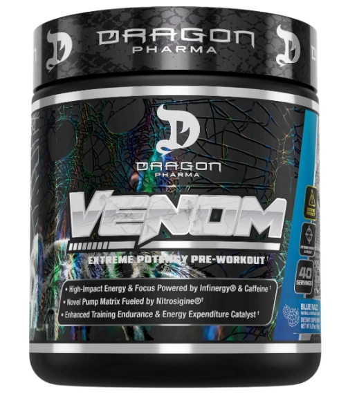 Pré Treino Venom Extreme, Foco e Energia, 196g Sabor Blue Raspberry, Dragon Pharma