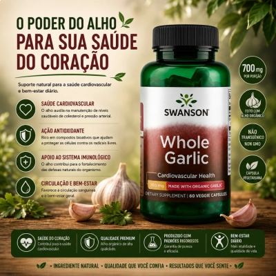Whole Garlic 700mg, Imunidade, Coração Saudável e Bem-Estar, 60 Cápsulas, Swanson