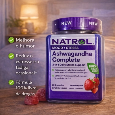 Ashwagandha 125mg, 3 em 1 Daily Stress Support, 30 Gomas Sabor Morango, Natrol