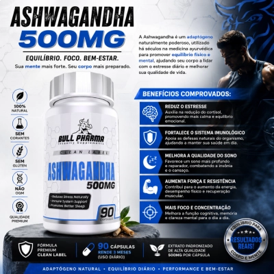 Ashwagandha 500mg, 90 Cápsulas, Bull Pharma