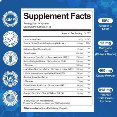 Azul de Metileno 12mg com Vitamina C, 120 Cápsulas, Totaria Health