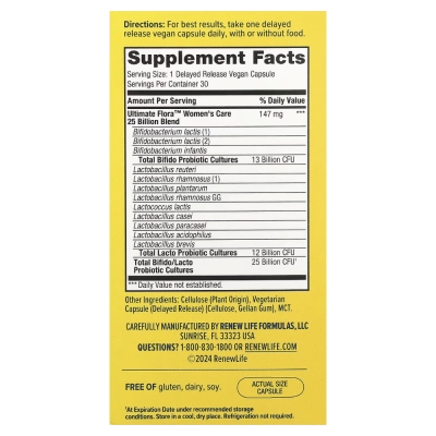 Probiótico Ultimate Flora, 25 Bilhões de UFCs, Women's Care, 30 Cápsulas, Renew Life