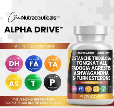 Alpha Drive, Cistanche Tribulosa com Tongkat Ali e Ashwagandha, 60 Cápsulas, Clean Nutraceuticals