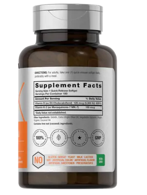 Vitamina D3 5000UI, K2 MK-7 100mcg, 180 Cápsulas, Horbaach