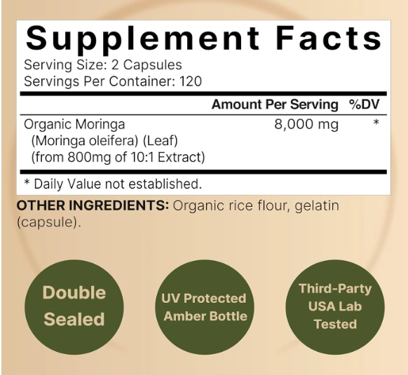 Moringa 8000mg, Feito com pó de Moringa Orgânica 240 cápsulas, NatureBell