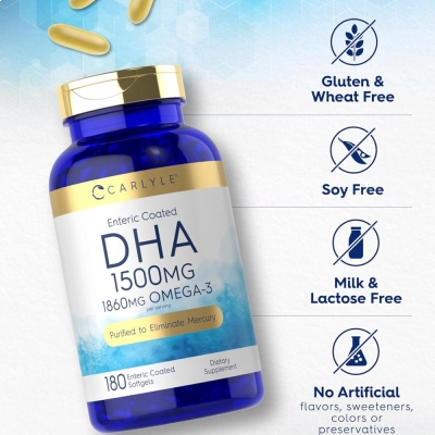 DHA 1500mg, Cérebro, Memória e Visão Saudável, Alta Concentração, 180 Softgels, Carlyle