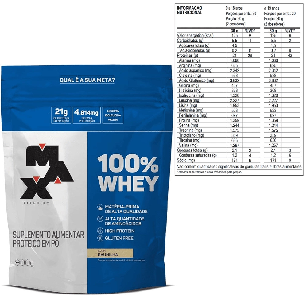 Whey Protein Concentrado 100% 900g Refil Max Titanium