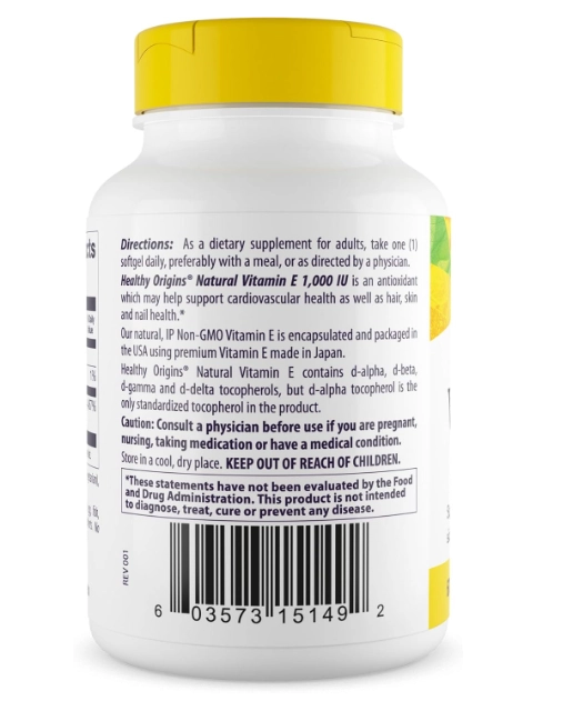 Vitamina E 1000UI Tocoferóis Mistos, 60 Cápsulas, Healthy Origins