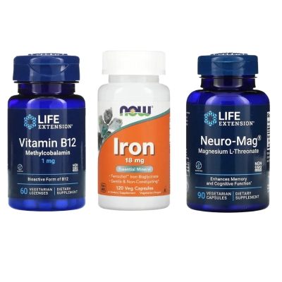 Kit Foco &amp; Memoria, Neuro Mag Life Extension + Vitamina B12 Life Extension + Ferro Now