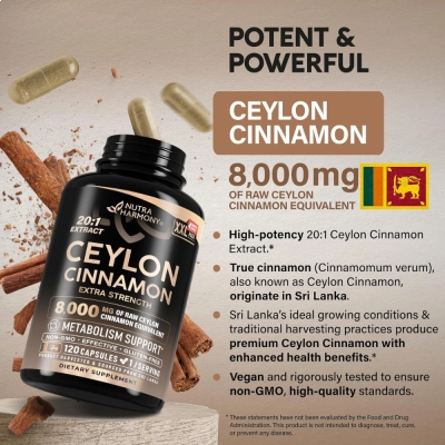 Ceylon Cinnamon Extra Strength, 8000mg, 120 Cápsulas, Nutraharmony