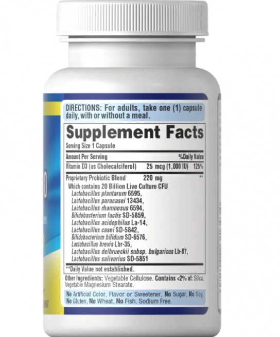 Probiótico 10 com vitamina D,  60 Cápsulas, Puritan's Pride
