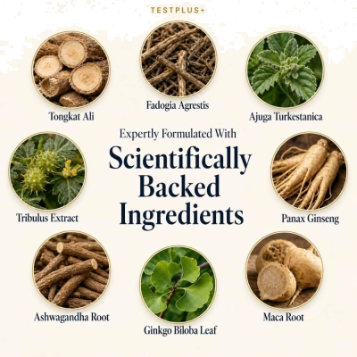  Fórmula Tongkat Ali, Fadogia Agrestis, Ajuga Turkestanica, Suporte à Vitalidade Masculina, 60 Cápsulas, TestPlus+