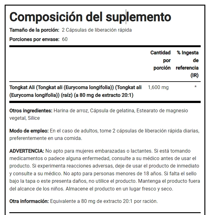 Tongkat Ali LongJack, 1600mg, 120 Cápsulas, Pipingrock