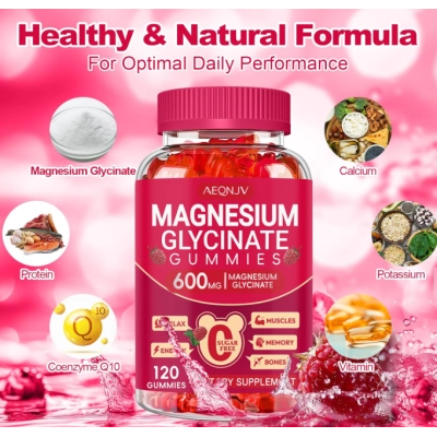Magnésio Glicinato 600mg, com L-treonato, 120 Gomas Sabor Framboesa, AEQNJV