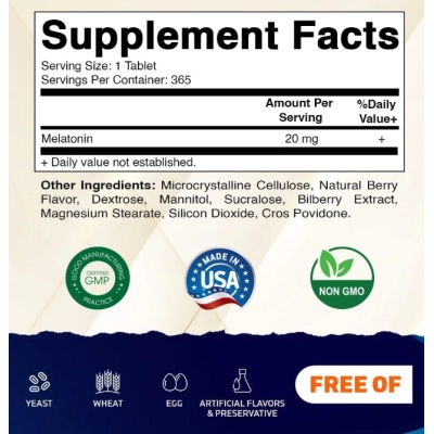 Melatonina 20mg, 365 Comprimidos Sabor Frutos Silvestres, Vitamatic