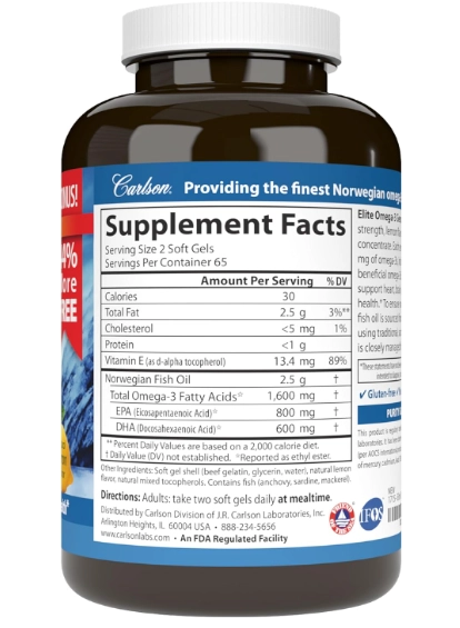Ômega-3 1600mg, Óleo de Peixe Selvagem Norueguês, 130 Cápsulas Sabor Limão, Carlson
