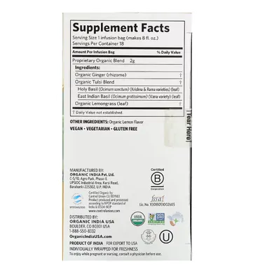 Chá (Tulsi, Limão e Gengibre) Sem Cafeína, 18 Sacos de Infusão, Organic India