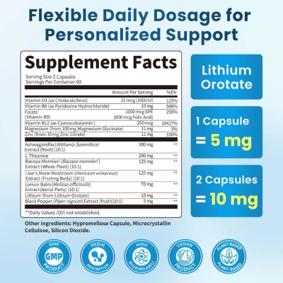 Lithium Orotate (Orotato de Lítio) 5/10mg, Suporte no Humor e Foco, 120 Cápsulas, Lukaree