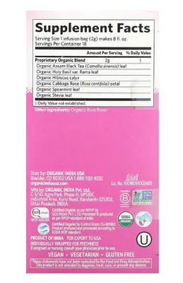 Chá Tulsi, Chá Preto Assam, Rosa Doce, 18 Saquinhos, Organic India