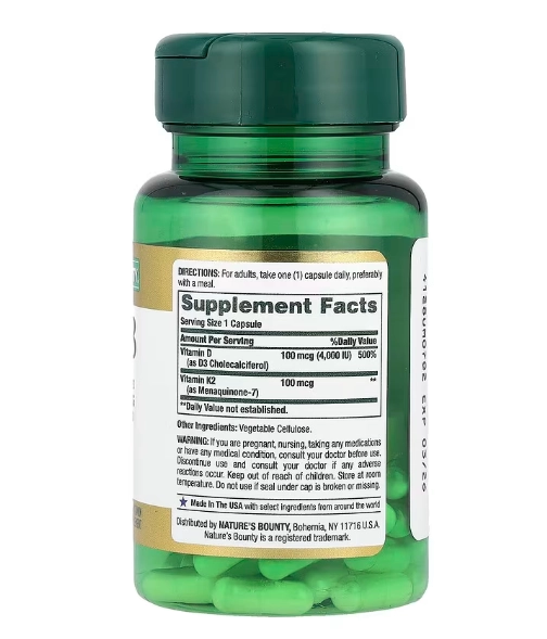 Vitamina K2 100mcg + D3 100mcg, 30 Cápsulas, Nature's Bounty