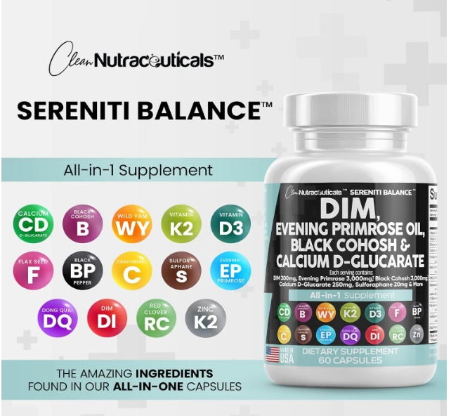 Serenti Balance, DIM 300mg Com Prímula, Cohosh preto, D-glucrato de Cálcio, 60 Cápsulas, Clean Nutraceuticals
