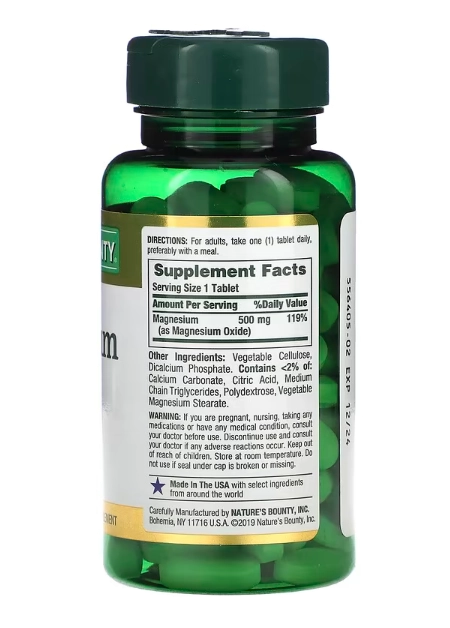 Magnésio, 500mg, 100 comprimidos, Nature's Bounty