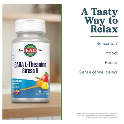 GABA L-Theanine Stress B, para Alívio do Estresse,  100 Pastilhas Sabor Manga e Tangerina, KAL