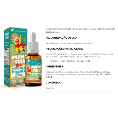 KIT 3 Unidades, Imunitrix ( Vitamina C, D3 E Zinco) Sabor Morango, 30ml - Flora Nativa do Brasil