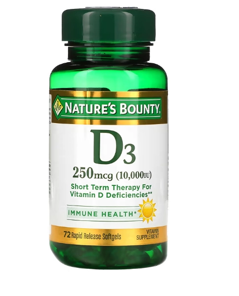 Vitamina D3 250mcg (10.000IU), 72 Cápsulas de liberação rápida, Nature's Bounty