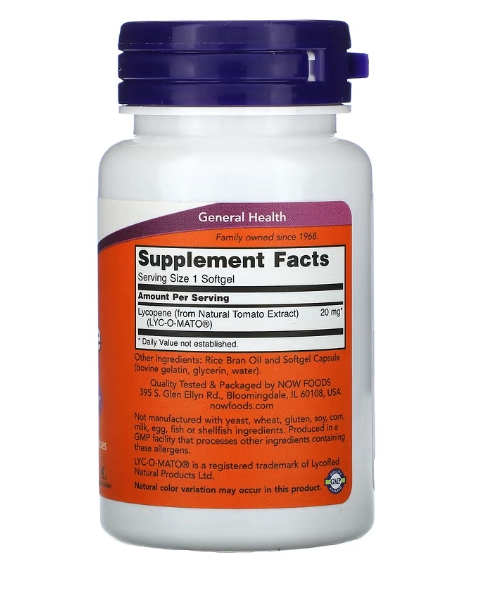 Licopeno, 20mg, 50 Cápsulas, Now