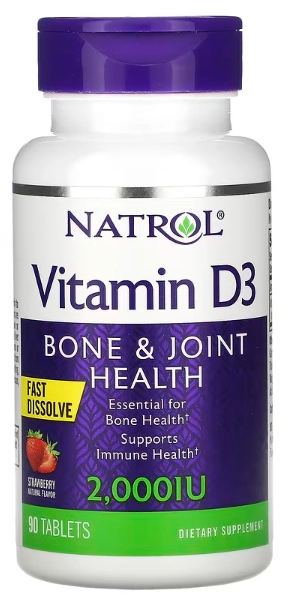 Vitamina D3, Saúde dos Ossos e das Articulações, 2.000UI, 90 Comprimidos Sabor Morango, Natrol