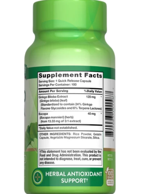Extrato de Ginkgo Biloba 120mg, Com Bacopa, 100 cápsulas, Nature's Truth