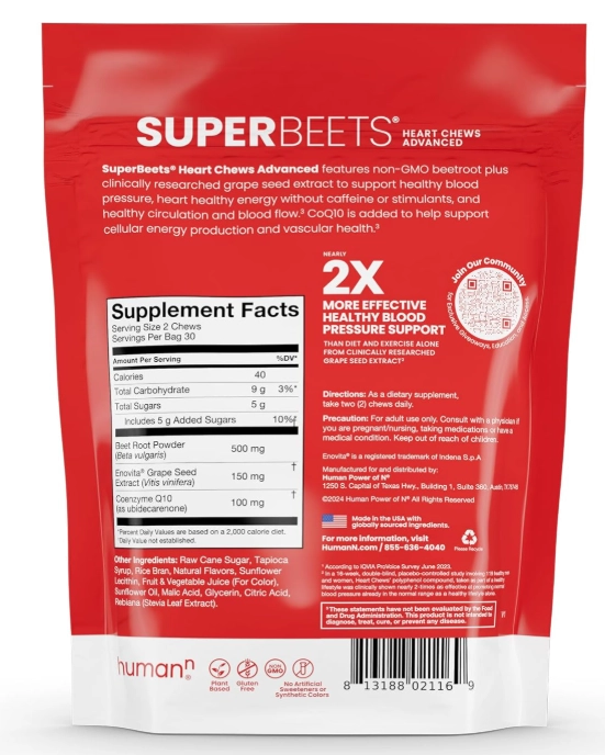 SuperBeets Heart Chews Advanced, Com Beterraba, Semente de Uva e CoQ10 100mg, 60 Balas, humanN 