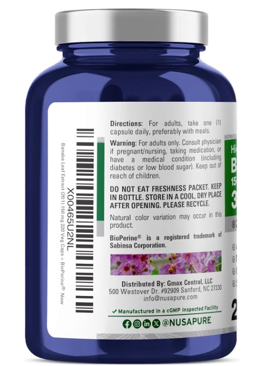 Extrato de Banaba 3000mg, 220 Cápsulas, NusaPure 
