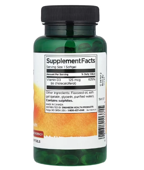 Vitamina D3 Highest Potency, 125mcg, 5000UI, 250 Softgels, Swanson
