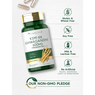 KSM-66 Ashwagandha 600mg + Melatonina 5mg, 70 Cápsulas, Carlyle