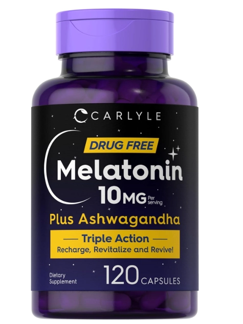 Melatonina 10mg Plus Ashwagandha, Força Tripla, 120 Cápsulas, Carlyle