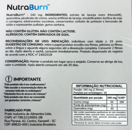 NutraBurn, Auxilio ao Controle da Compulsão alimentar e Metabolismo, 30 Filmes Orodispersíveis Sabor Laranja, Nutra-C