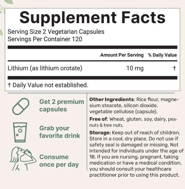 Lithium Orotate, Orotato de Lítio 10mg, 240 Cápsulas, Micro Ingredients
